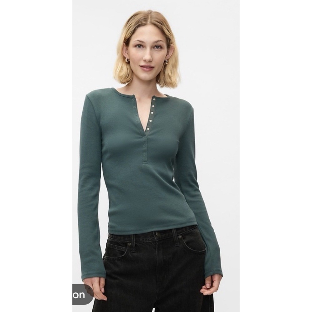 Gap Women's M Tall Modern Rib Henley Long Sleeve Shirt Green Cotton Blend